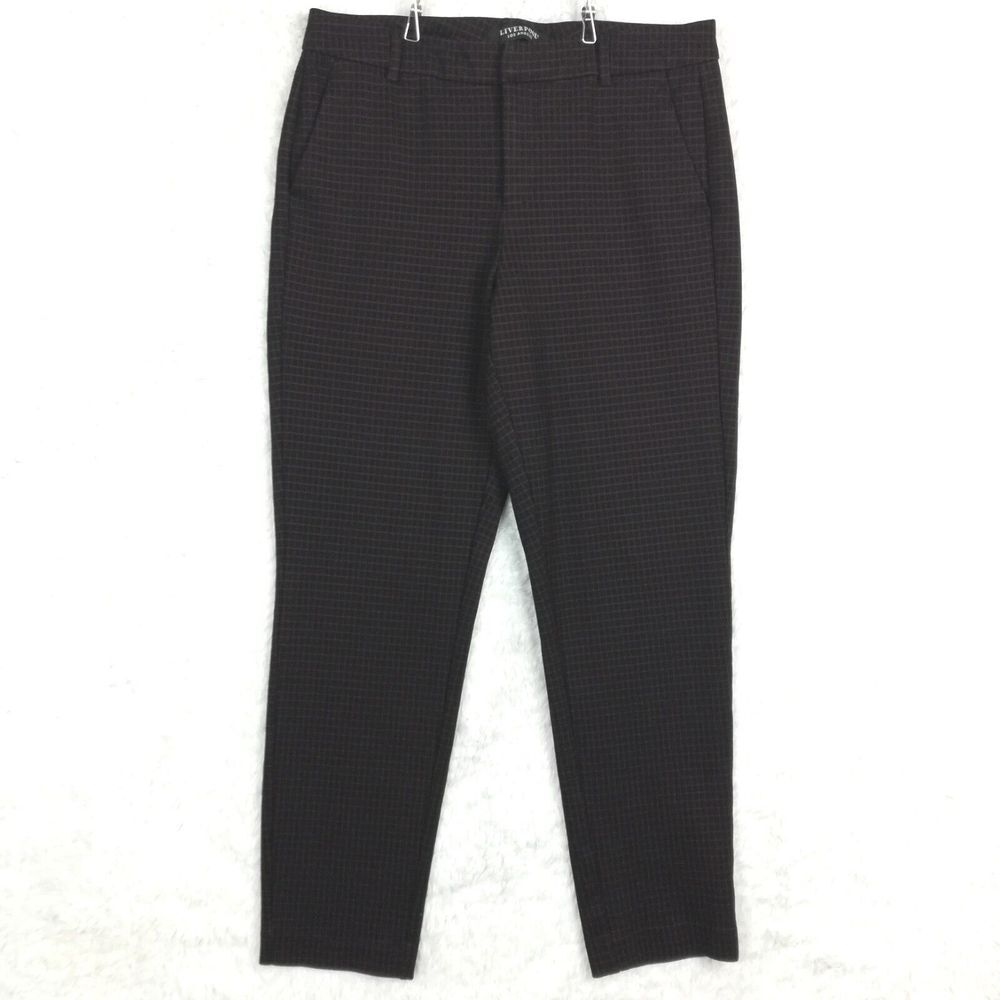 Liverpool Womens Pants Slim Leg Ankle Cranberry Black Check Mid Rise Stretch 10